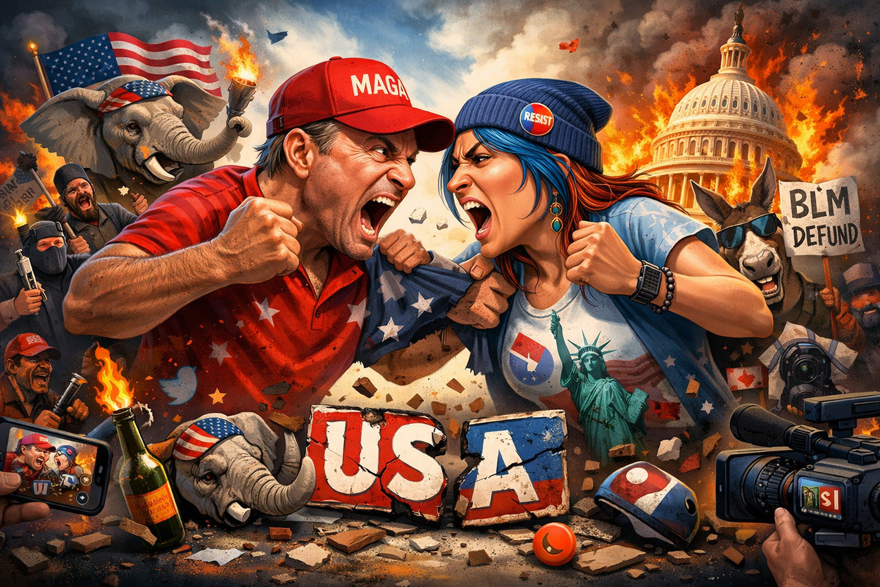 Ai-generated image of a man from maga and a woman on the left getting ready to fight with the american flag and capitol in the background.