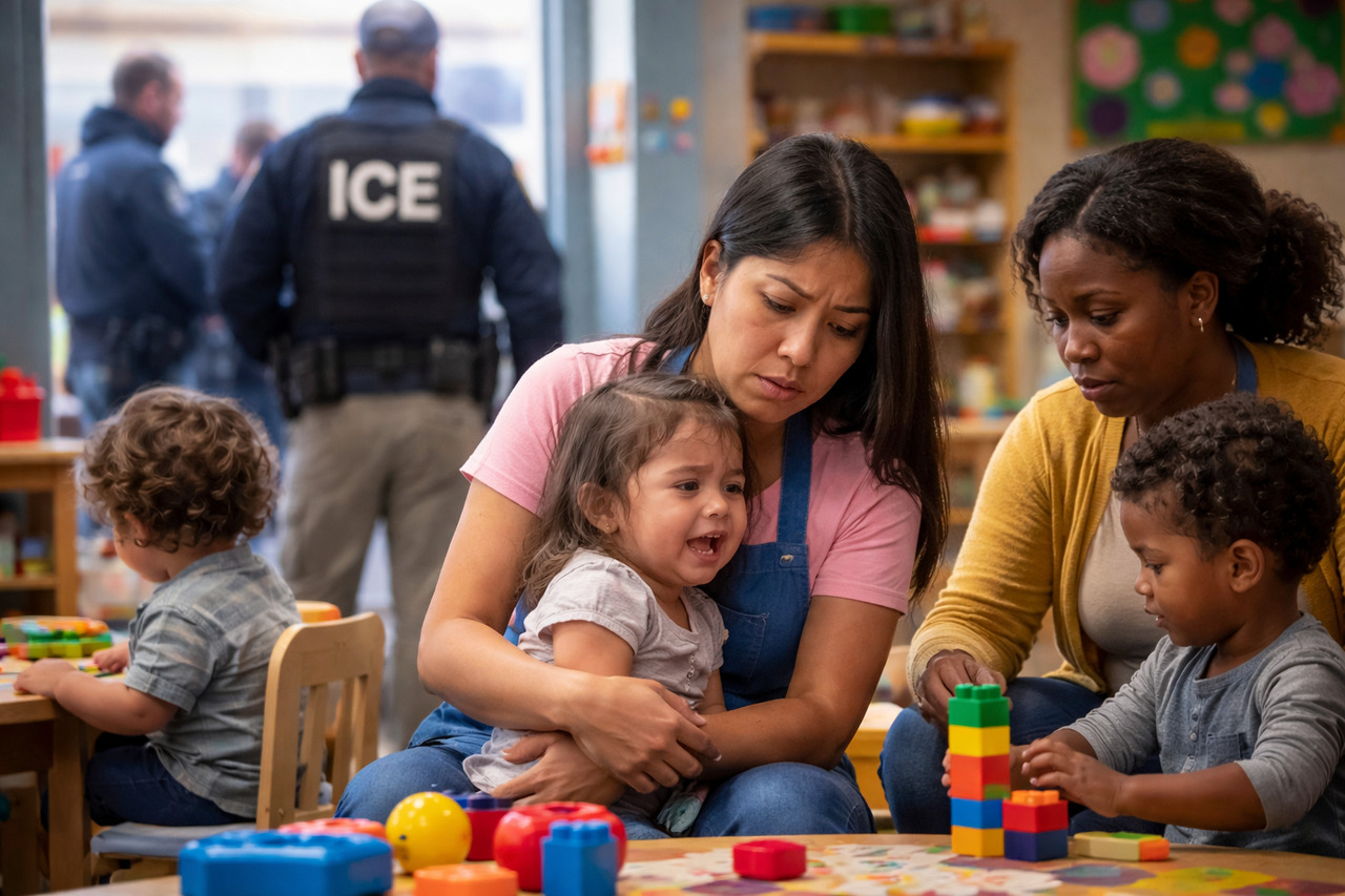 Daycare workers holding children with ice agents outside. Ice arrests