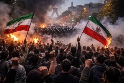 Protests in Iran with fires lit around people. Regime change in Iran