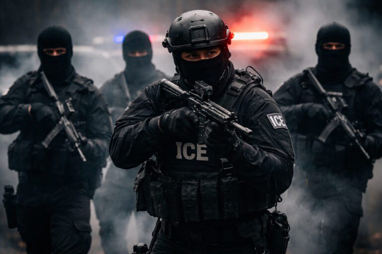 masked ice militia Masked, militarized ice officers