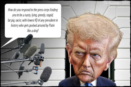 Caricature of Trump and the press. Great Healthcare plan