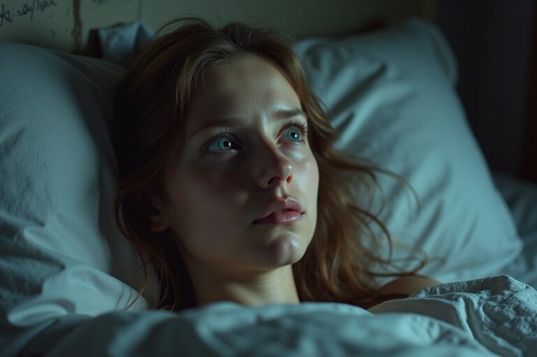 Woman in bed worrying about havana syndrome.