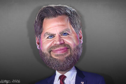 Caricature of JD Vance that highlights the eyeliner he wears