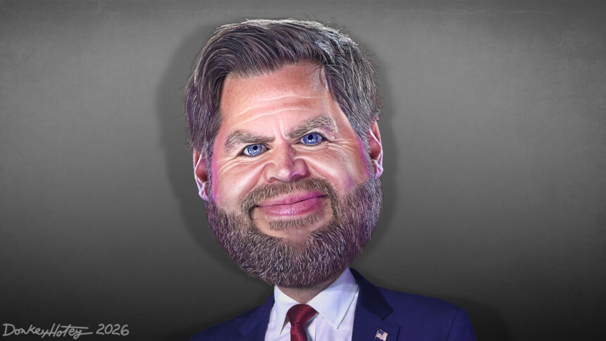 Caricature of jd vance that highlights the eyeliner he wears