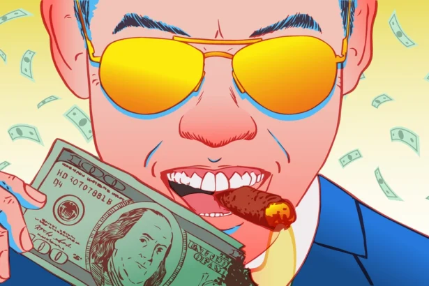 Illustration of a rich man lighting a cigar with a burning 100 dollar bill.