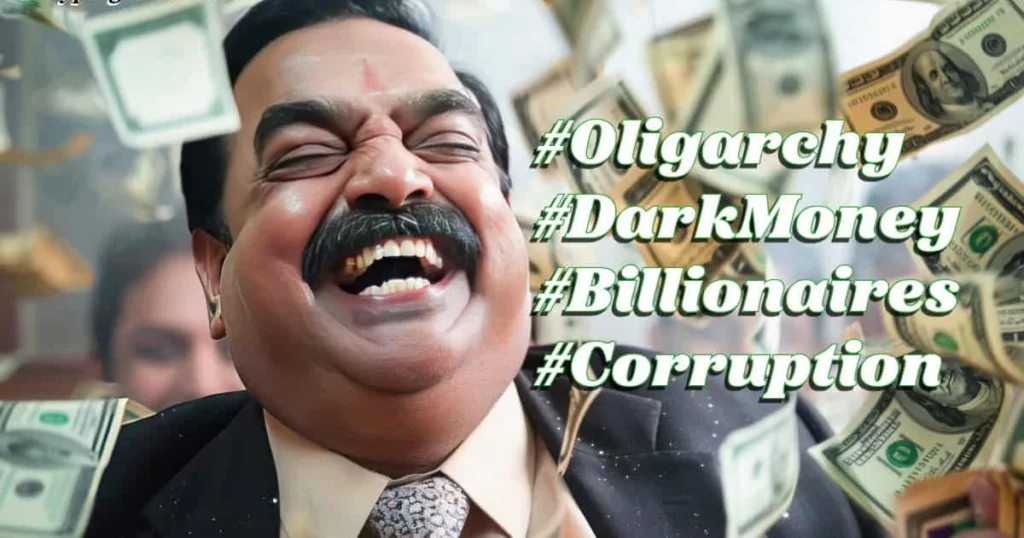 corrupt oligarchy e1771783442736 Grassroots activism laughing oligarch with money floating around him