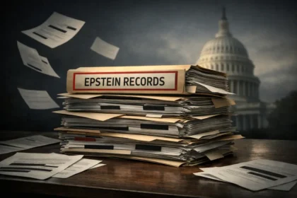 Epstein files on a desk in front of the us capitol building