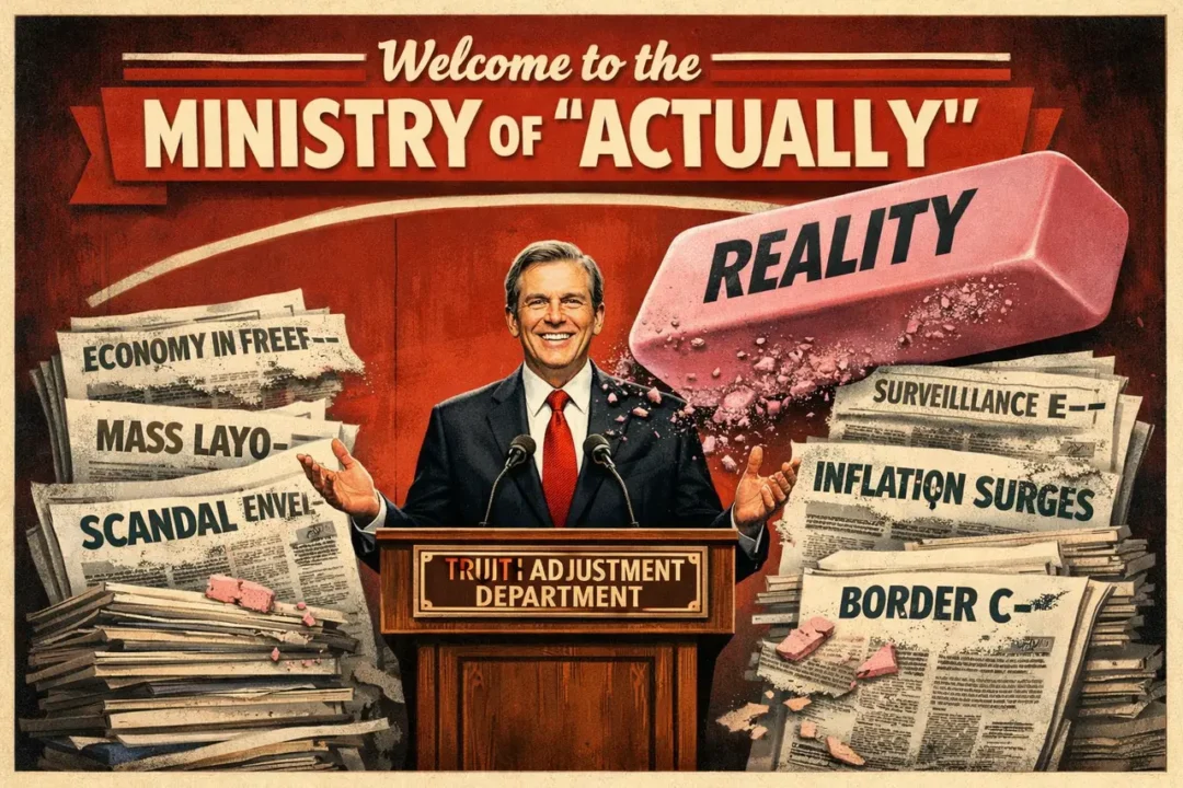 Gaslighting illustration of a politician from the Truth Adjustment Department