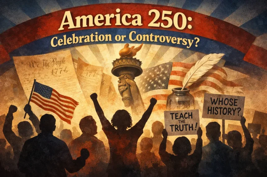 A collage of images from american history, the 250th anniversary of the country, and freedom trucks.