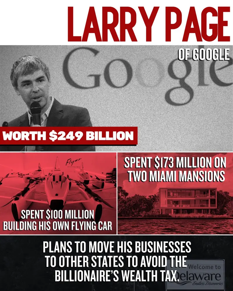 Billionaire infographic for Larry Page. Wealth tax