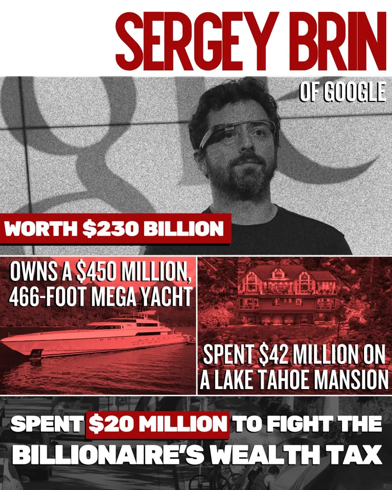 Billionaire infographic for Sergey Brin. Wealth tax