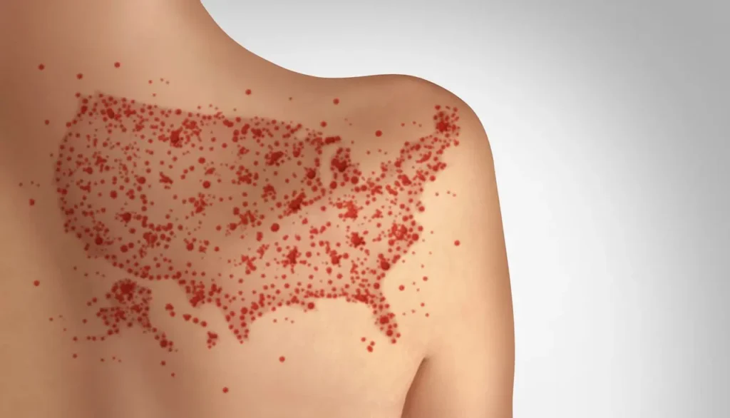 Photo of a rash shaped like the us on a shoulder blade caused by cuts to usaid and the cdc
