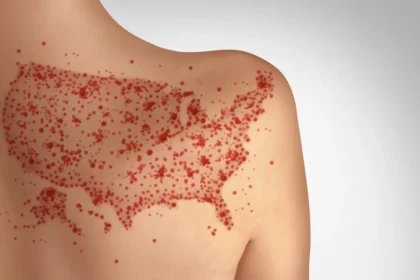 Measles outbreaks in the United States photo of a rash shaped like the US on a shoulder blade