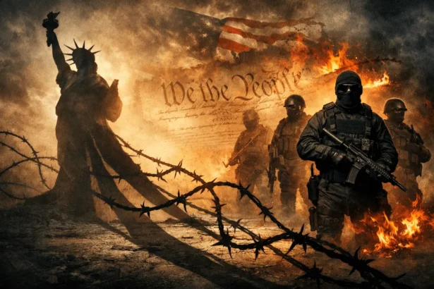 Image of a dark, dystopian police state future