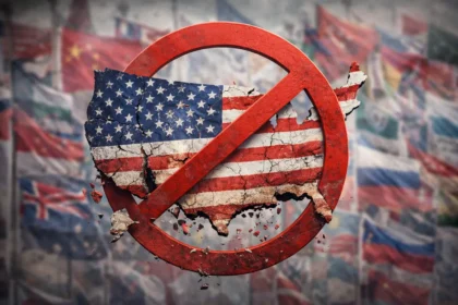 United States covered by American flag with prohibited symbol over it