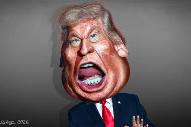 Caricature of donald trump screaming. State of the union