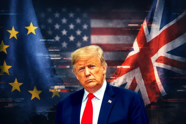 Donald trump standing in front of the flags of america, uk, and eu