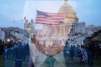 Capitol riots scene in the background with Donald Trump’s portrait as overlay