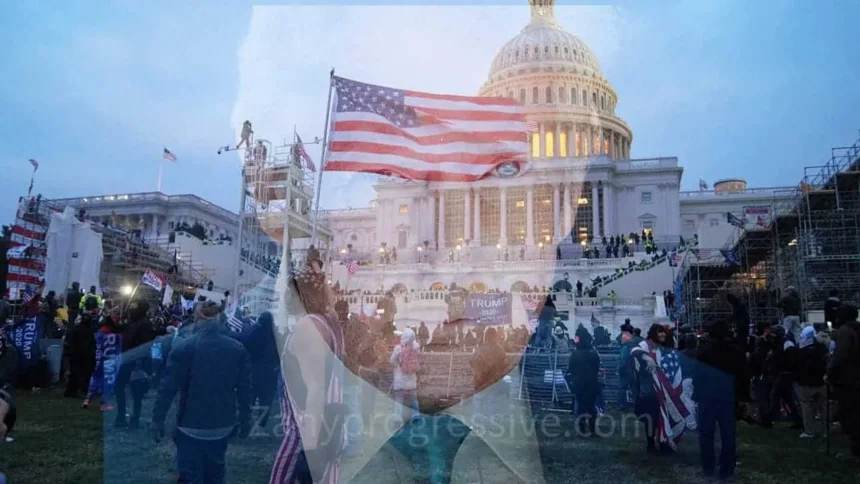 Capitol riots scene in the background with donald trump’s portrait as overlay