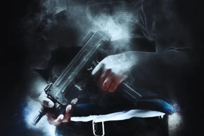 Black and white image of a man holding a gun