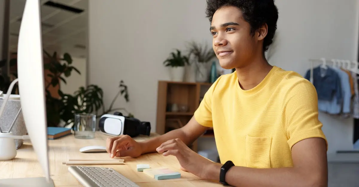 Explainers teenager smiling while studying online at home. Modern education setup with computer and vr headset.