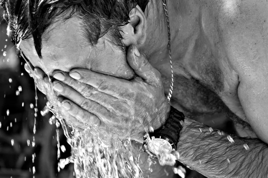 California heatwave man splashing water on his face