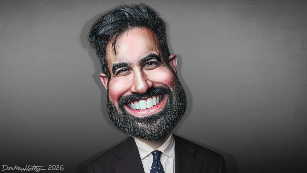 Caricature of mayor zohran mamdani. Progressives are winning