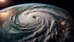 Swirling clouds over the planet as viewed from space