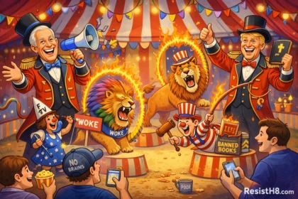 Culture wars circus where politicians are directing clowns and lions representing culture wars for voters.