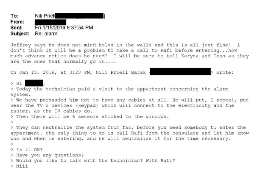Ehud barak correspondence between nili priell and barak regarding security at the apartment, january 15, 2016.