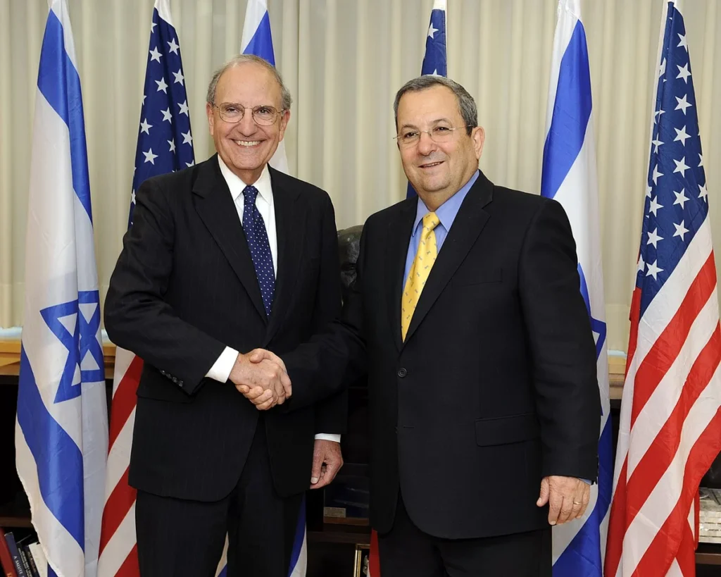 .S . Special Envoy George Mitchell with Israeli Minister of Defense Ehud Barak before their meeting in Tel Aviv, Israel