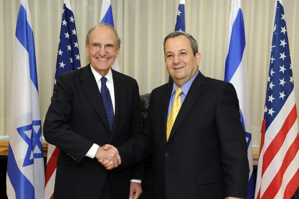 .S . Special Envoy George Mitchell with Israeli Minister of Defense Ehud Barak before their meeting in Tel Aviv, Israel