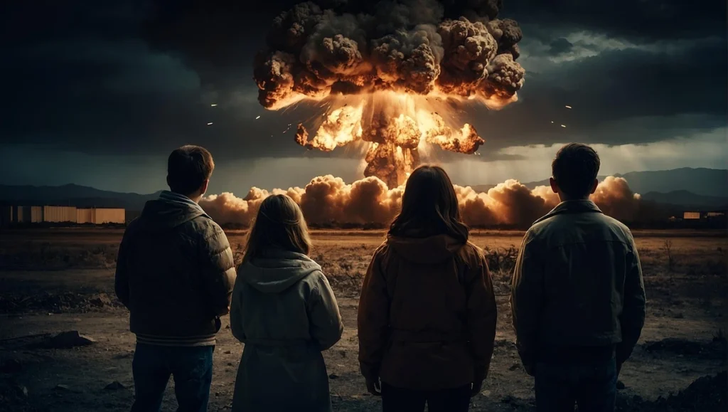Bushehr nuclear power plant. Family watches a nuclear bomb mushroom cloud. WHO is preparing for nuclear catastrophe