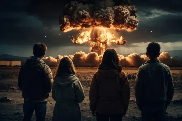 Family watches a nuclear bomb mushroom cloud. Who is preparing for nuclear catastrophe