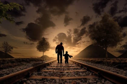 Israeli soldiers tortured an 18-month-old. Father and son walking in railroad tracks at sunset