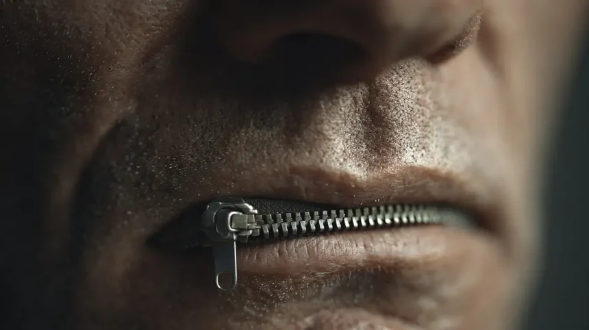 Florida censorship. Man with mouth zipped shut