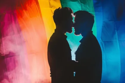 Gay couple in front of a giant rainbow flag gay marriage