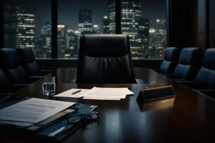 Empty chair in a boardroom signifies Goldman Sachs lawyer resigned