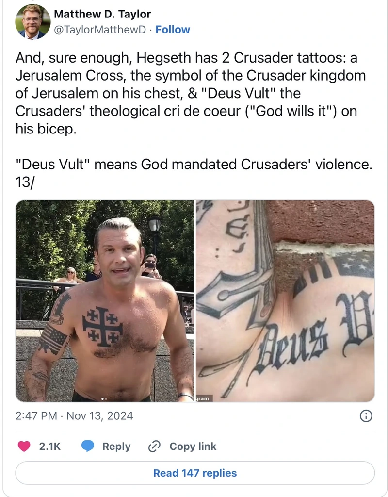 Pete Hegseth’s tattoos of symbols of Christian Zionism