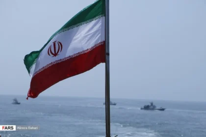 Iranian naval ships in the ocean. Drone attack on California