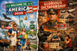 Ai-generated image of a split-screen view of a family in america and in a dictatorship.