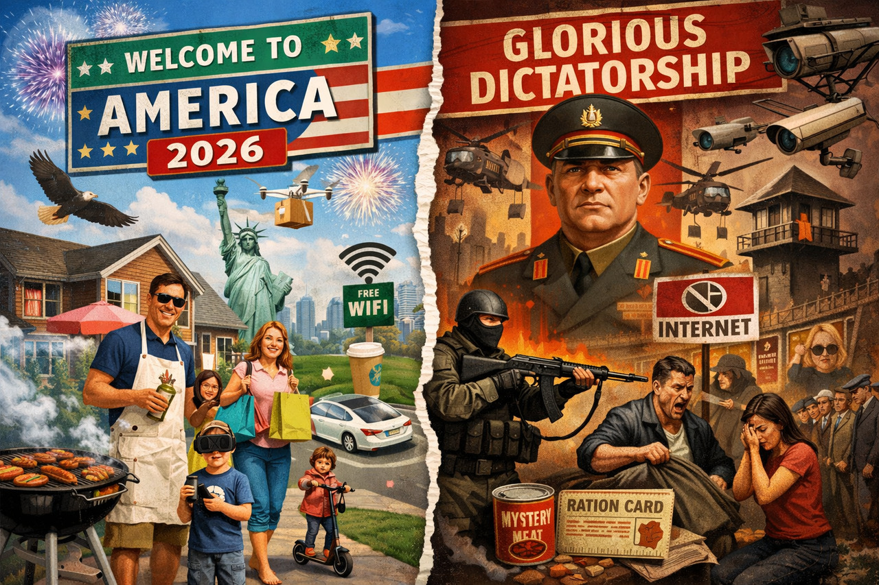 Ai-generated image of a split-screen view of a family in america and in a dictatorship.