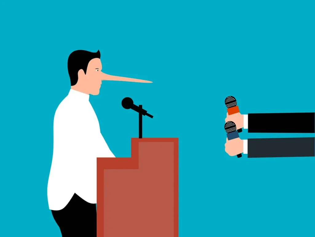 Illustration of a politician at a press conference with a pinocchio nose. Illegal for politicians to lie