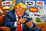 President trump on his cell phone on a psycho sunday truth social posting spree cartoon