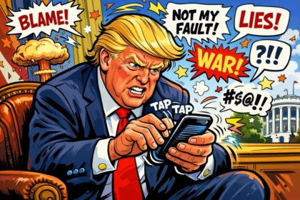 President Trump on his cell phone on a psycho Sunday Truth Social posting spree cartoon