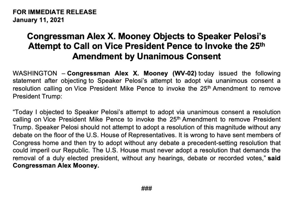 A twitter post objecting to pelosi’s call for pence to invoke the 25th amendment explained