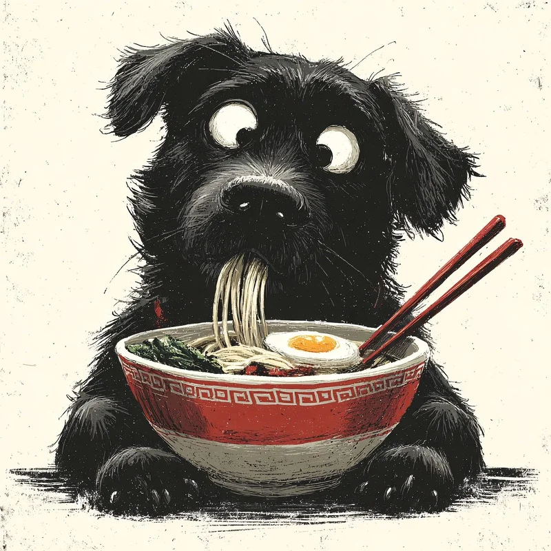 Drawing of a dog eating a bowl of Chinese noodles. Fresh dog food