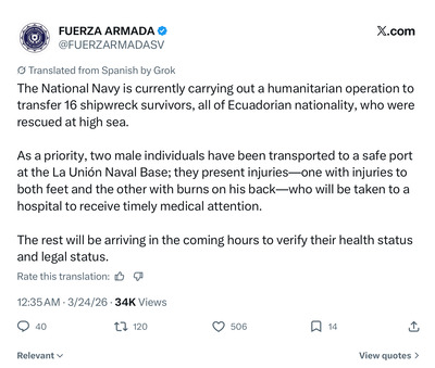 X post about the search for crew members from ecuadorian officials