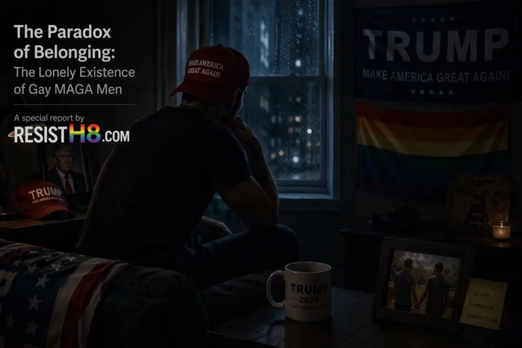 Man sits in dark, wearing maga hat. A trump flag hangs on the wall along with a rainbow flag. Gay maga men