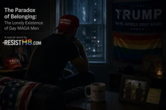 Man sits in dark, wearing MAGA hat. A Trump flag hangs on the wall along with a rainbow flag. Gay MAGA men